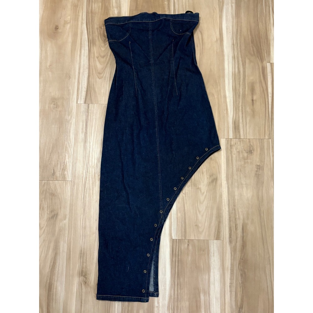 Chesley Dark Wash Denim Strapless Asymmetrical Grommet Midi Dress y2K f5